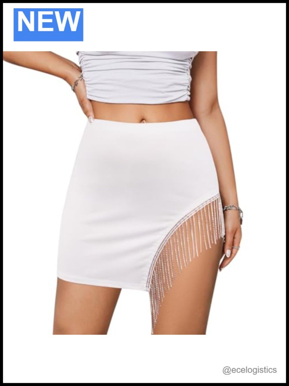 Rhinestone Fringe Bodycon Wrap Mini Skirt High Waisted Party Dance